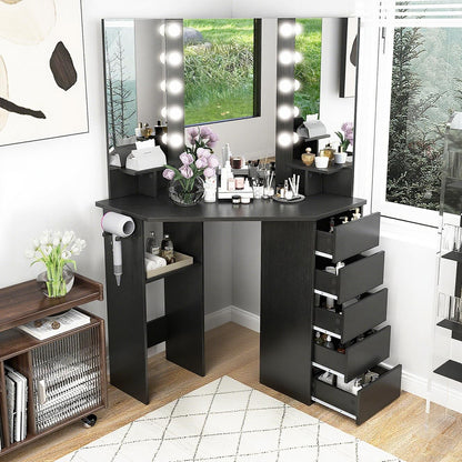 Corner Vanity Desk with Mirror and Lights for Women