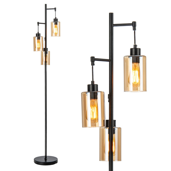 ARLIME 3 Lights Floor Lamp, Retro Floor Lamp with 3-Head Hanging Amber Glass Shade