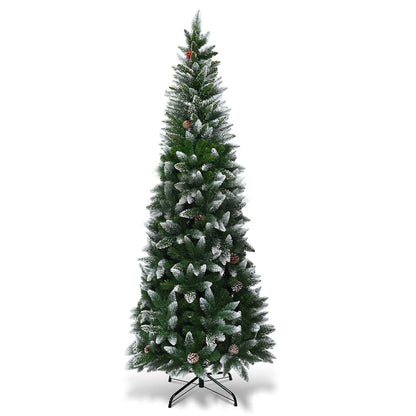 7.5FT Artificial Snow Flocked Pencil Christmas Tree Slim X-mas Tree with 720 Branch Tips