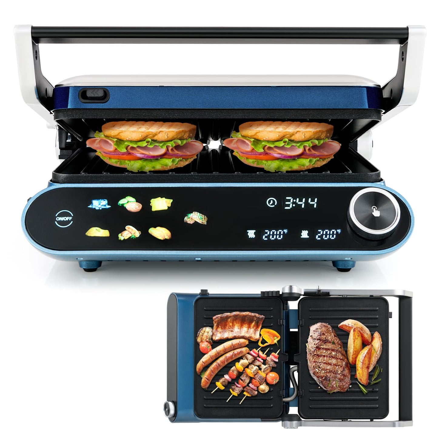 Panini Press 1200W Sandwich Maker with LED Touch Panel Non-Stick Coated Plates & Removable Drip Tray