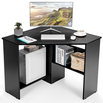 Corner Computer Desk Space-Saving Triangular Writing Desk w/ 2 Storage Shelves & 2 Cable Holes