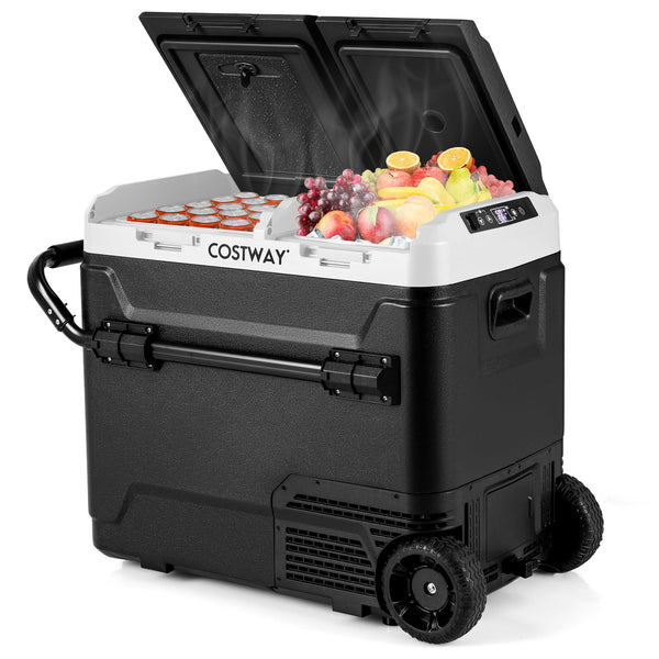Car Refrigerator with Wheels, 64-Quart Dual-zone Dual-temperature Electric Cooler, 12V/24V DC, 100-240V AC, Black