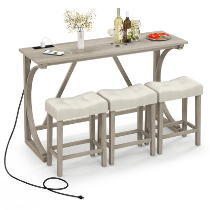 4 Piece Farmhouse Bar Table Set with Power Outlet for Kitchen