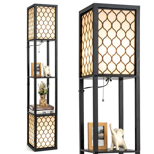 Modern Shelf Floor Lamp, Freestanding Double Lamp w/ 2-Tier Wood Shelf & White Lampshade