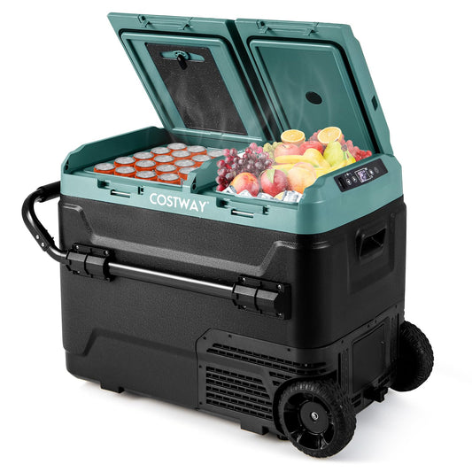 Car Refrigerator with Wheels, 53-Quart Dual-zone Dual-temperature Electric Cooler, 12V/24V DC, 100-240V AC, Green+Black