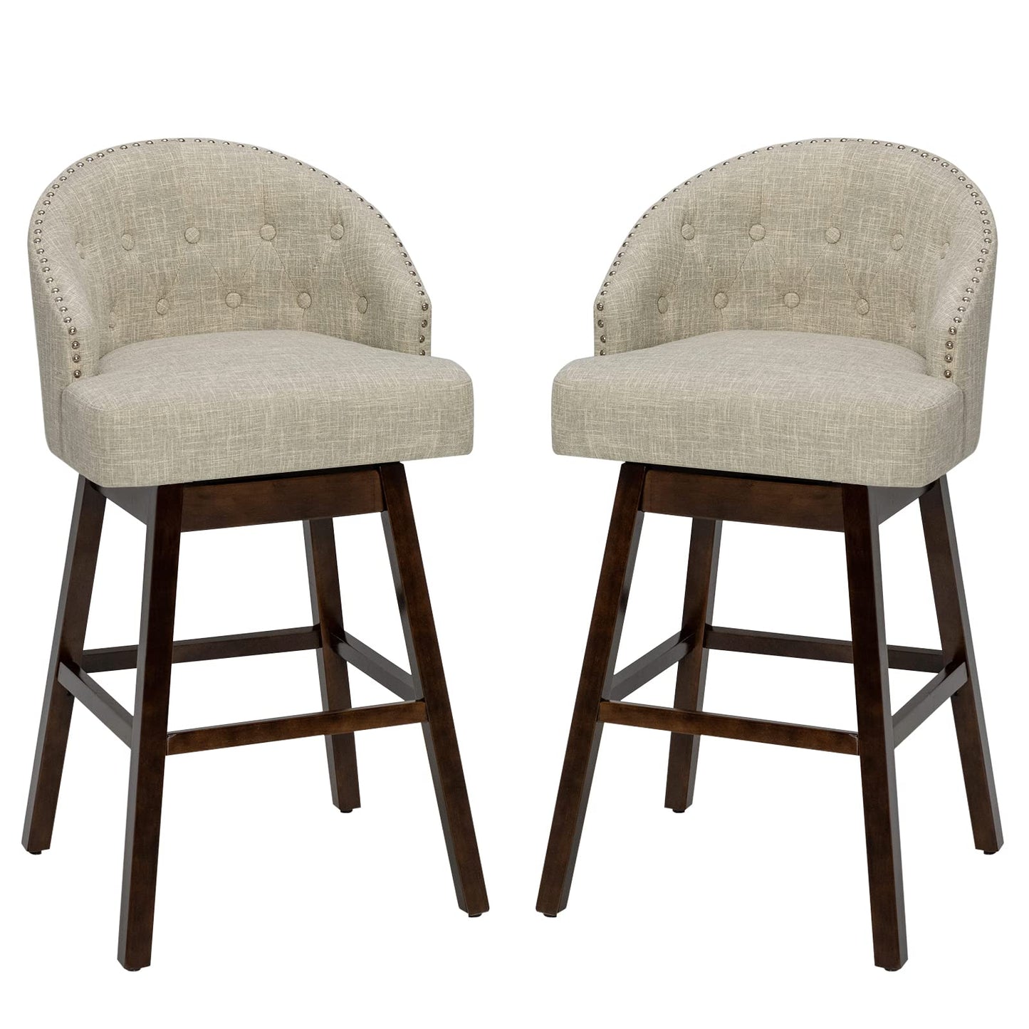 31" Bar Stools Set of 2 Swivel Bar Stools with Rubber Wood Legs & Padded Back