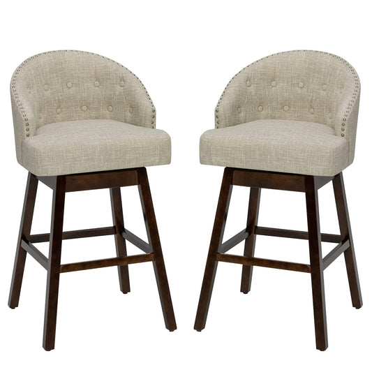 31" Bar Stools Set of 2 Swivel Bar Stools with Rubber Wood Legs & Padded Back