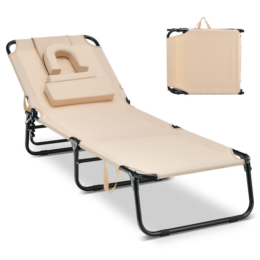Tanning Chair with Face Hole Pillows & 5-Position Adjustable Backrest