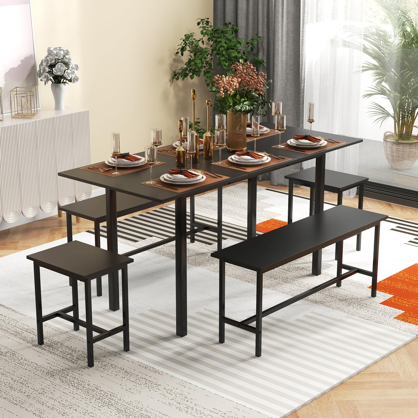 Extendable Dining Table Set for 4-6 with 2 Benches and 2 Square Stools