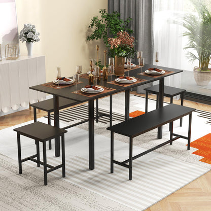 Extendable Dining Table Set for 4-6 with 2 Benches and 2 Square Stools