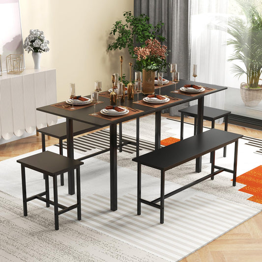 Extendable Dining Table Set for 4-6 with 2 Benches and 2 Square Stools