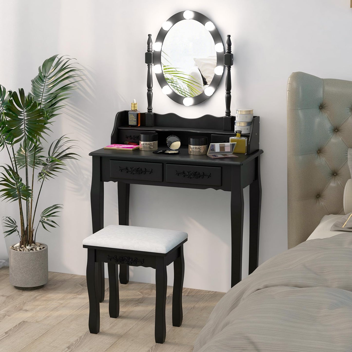 Vanity Desk with Lights 2-in-1 Makeup Table with 3 Modes Adjustable Lighted LED Mirror & Cushioned Stool