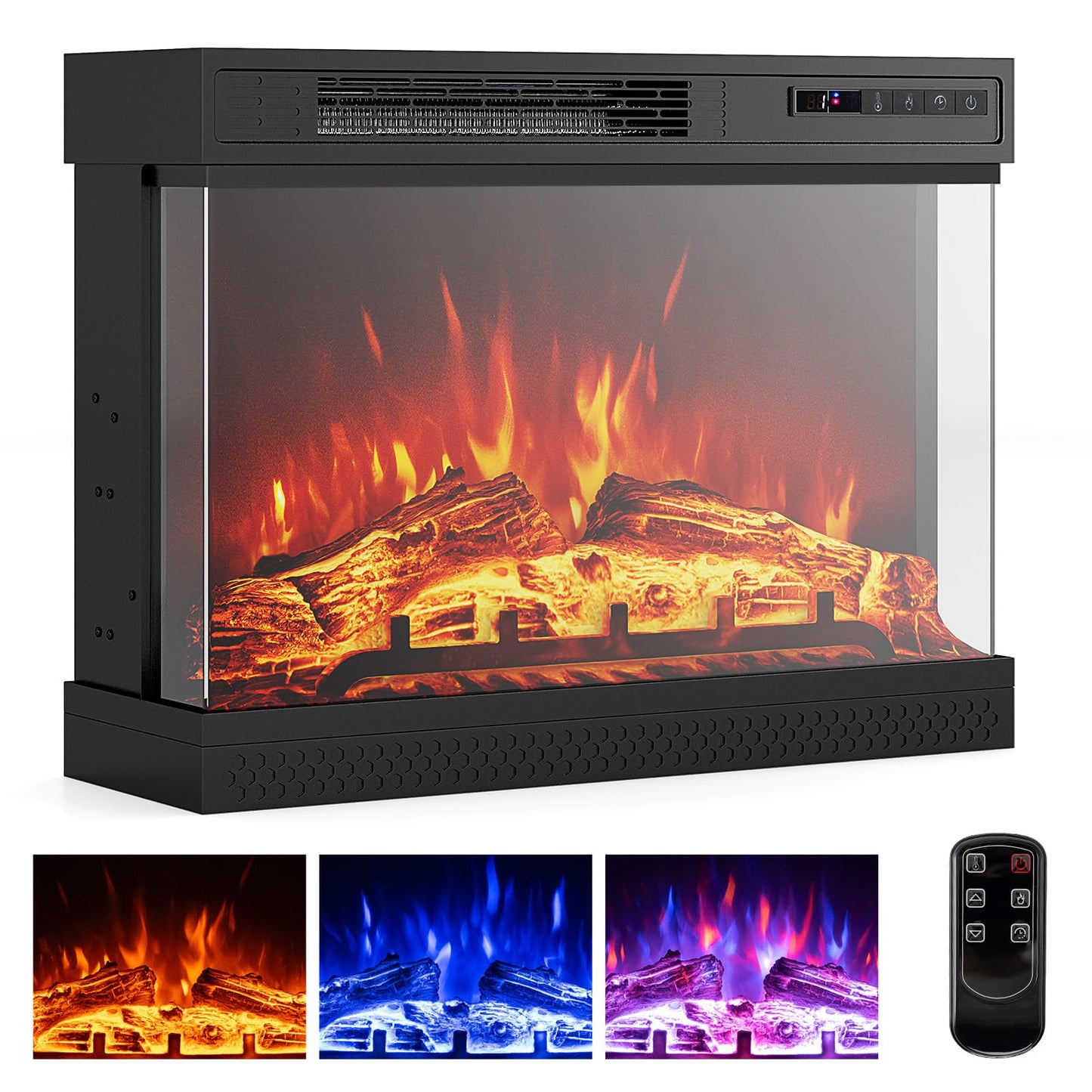 24 Inches 3-Sided Glass Electric Fireplace 750W/1500W Fireplace Heater with Remote Control