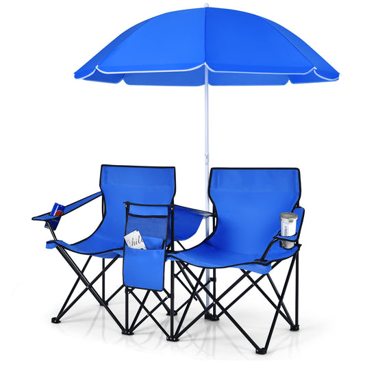 Portable Folding Picnic Double Chair W/Umbrella Table Cooler Beach Camping Chair