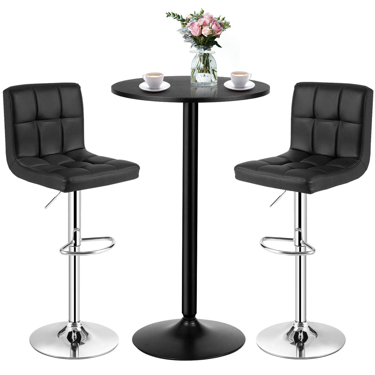 3-Piece Bar Table Set-Round Cocktail Table and PU Leather Adjustable Swivel Chairs