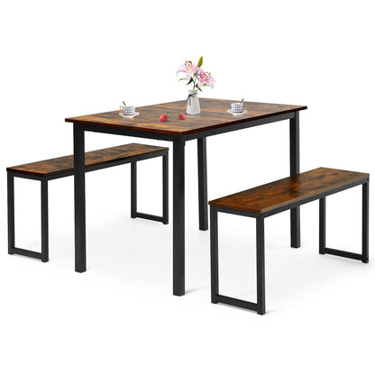 3 PCS Dining Table Set for 4 with 2 Benches for Dining Room