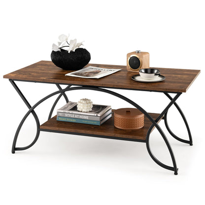 2-Tier Coffee Table Industrial Wood Accent Table with Storage Shelf and Black Finished Metal Frame