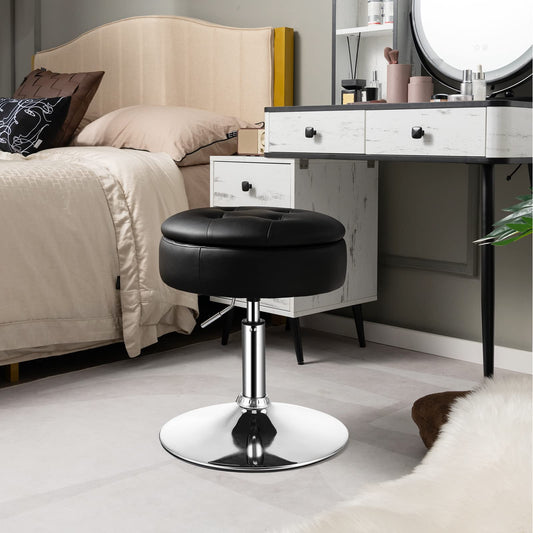 Adjustable Swivel Vanity Stool 360° Swivel 20"-26" Height Adjustable Tufted Round PU Leather Ottoman with Storage