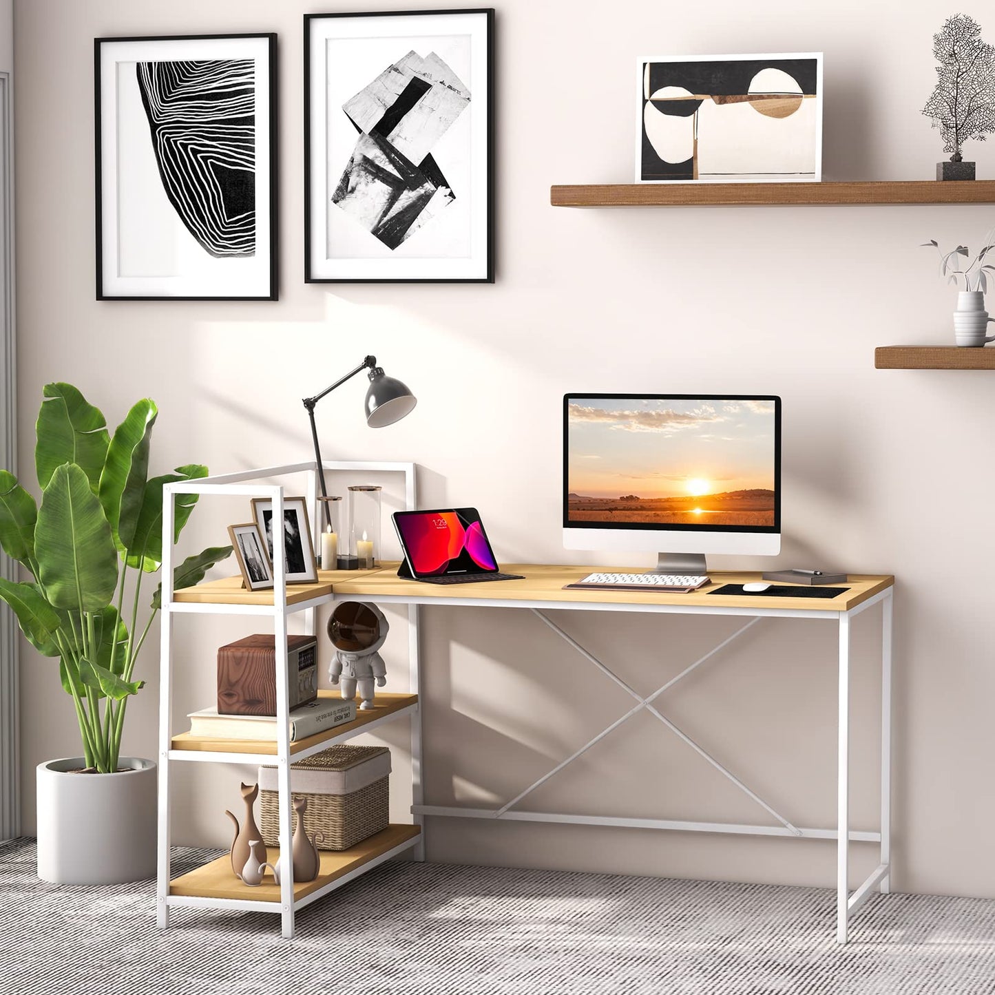 59 Inch L-Shaped Computer Desk with Open Storage Shelves