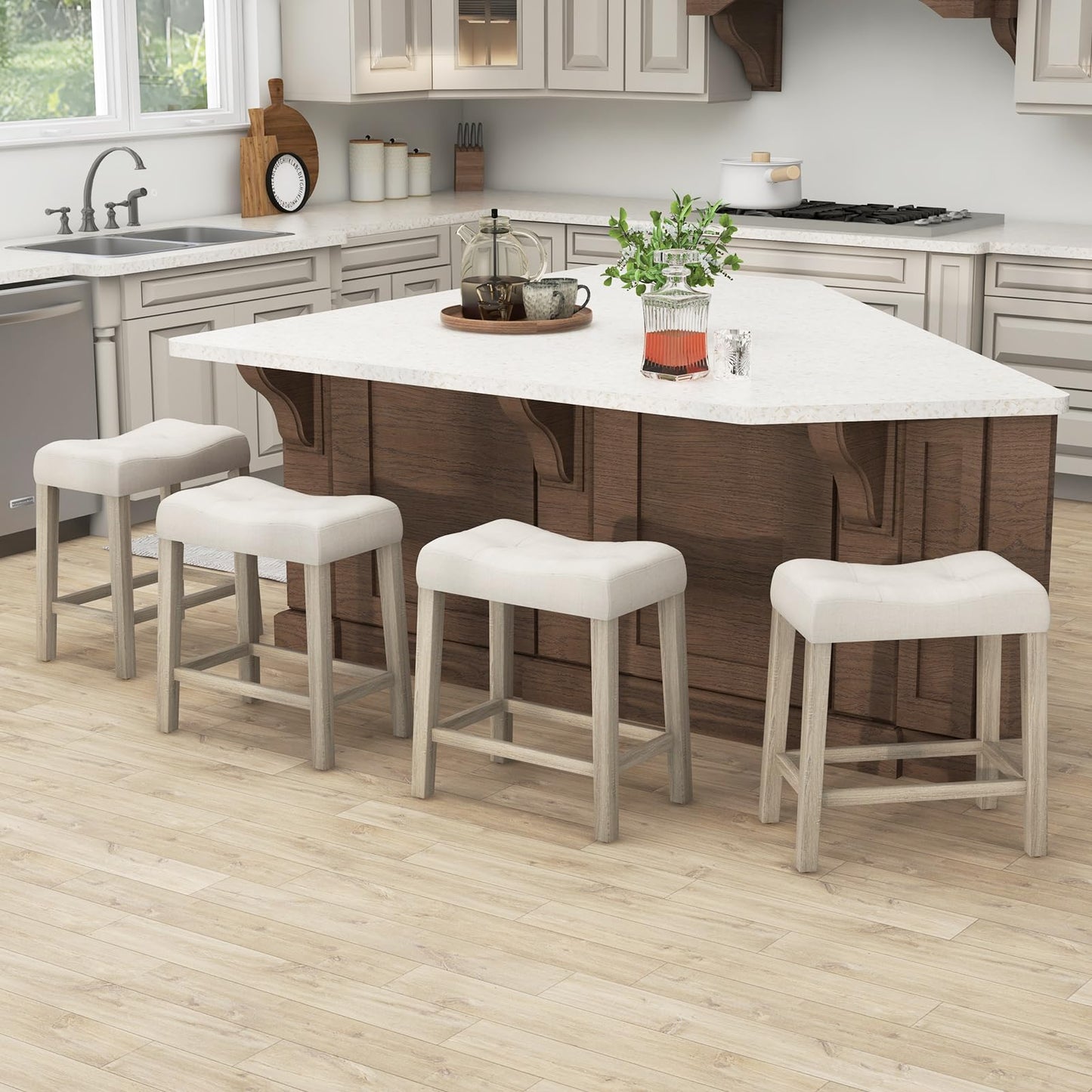 Wooden Saddle Stools Set of 4 with Solid Rubber Wood Legs