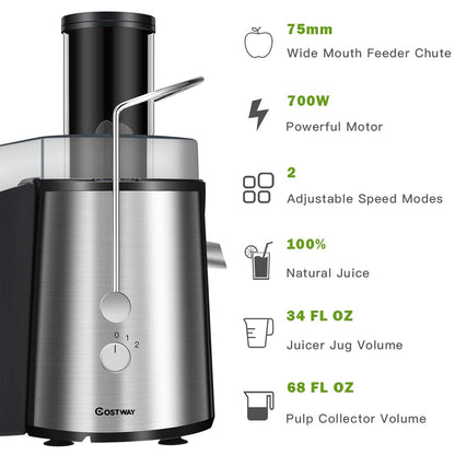 Juice Extractor, 75MM Wide Mouth Stainless Steel Juicer Machines, 2-Speed Setting High Speed Masticating Juicer Machine