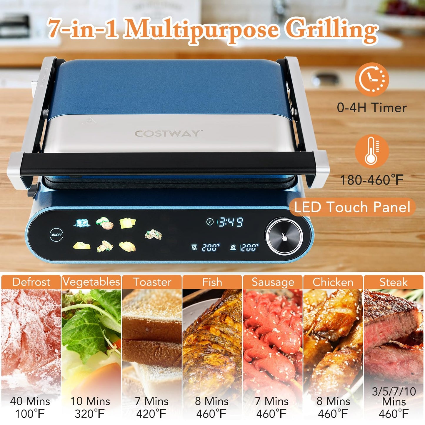 Panini Press 1200W Sandwich Maker with LED Touch Panel Non-Stick Coated Plates & Removable Drip Tray