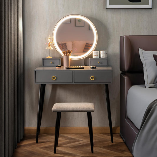 Vanity Table Set with Mirror and Lights w/ 3 Color Lighting Modes & Adjustable Brightness