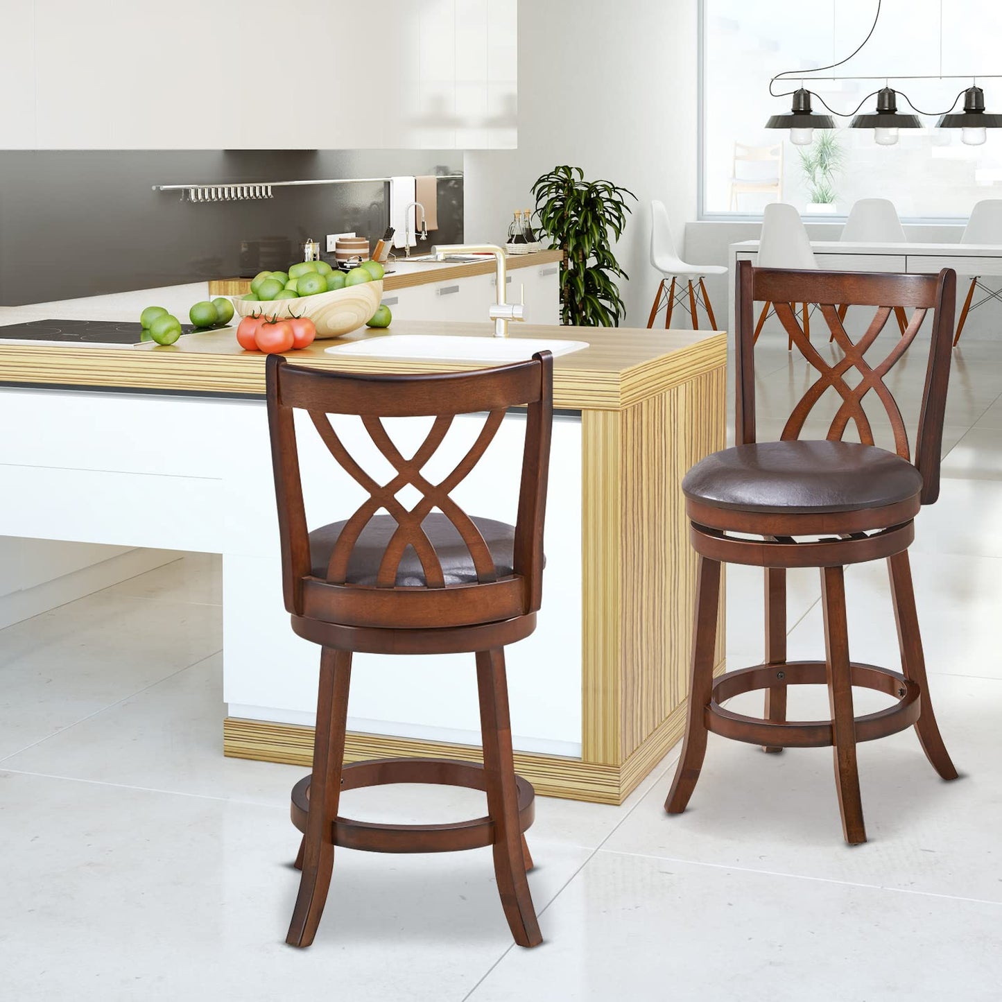 360° Swivel Chairs Bar Stools with Rubber Wood Frame PU Leather Cushioned Seat and Footrests