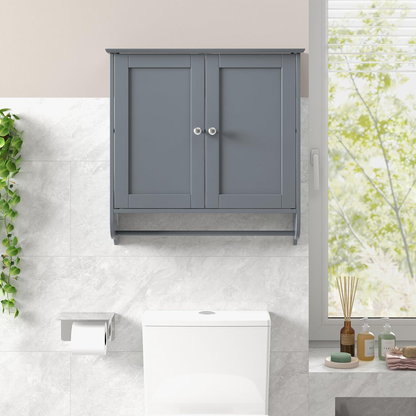 Bathroom Wall Cabinet Over The Toilet Storage Cabinet w/ 2 Doors Adjustable Shelf and Towel Bar