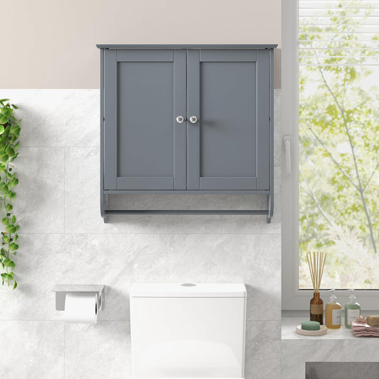 Bathroom Wall Cabinet Over The Toilet Storage Cabinet w/ 2 Doors Adjustable Shelf and Towel Bar