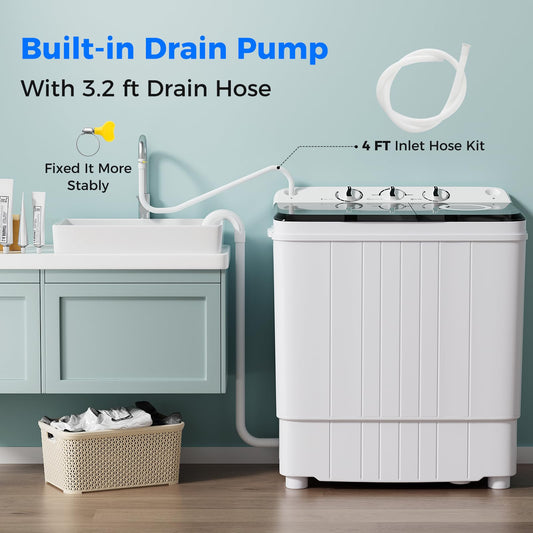 Portable Washing Machine, 17.6lbs Compact Portable Washer Twin Tub Combo with Pump Drain (Black & White)