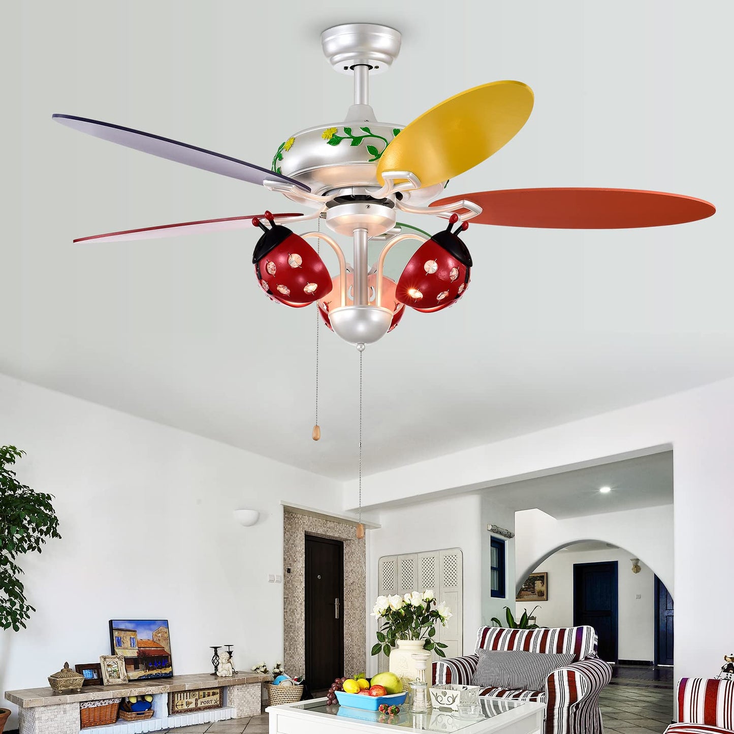 52" Ceiling Fan with Pull Chain Control, Kids Fan Light with 5 Colorful Blades and 3-Speed