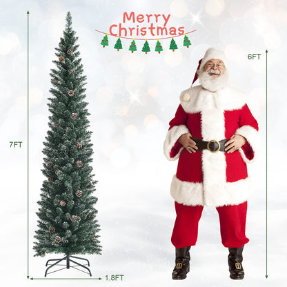 7 ft Snowy Artificial Pencil Christmas Tree with Pine Cones