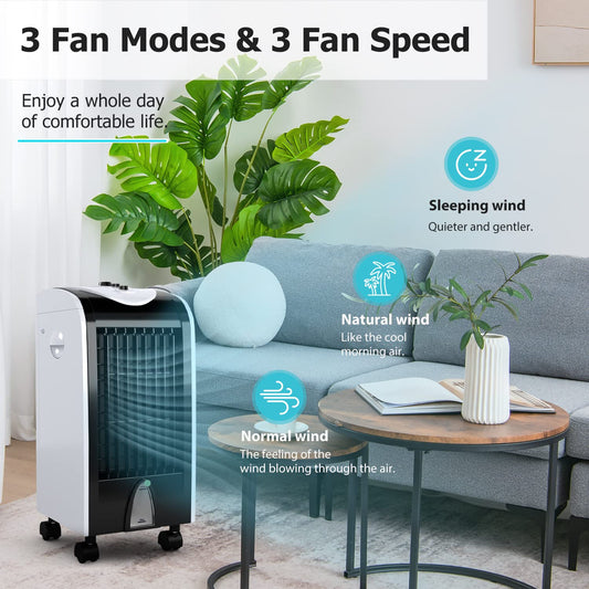 ARLIME Evaporative Air Cooler, Windowless Swamp Cooler Fan & Humidifier with 3 Modes, 3 Speeds, 2 Ice Boxes