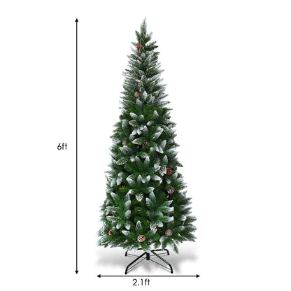 6FT Artificial Snow Flocked Pencil Christmas Tree Slim X-mas Tree with 630 Branch Tips