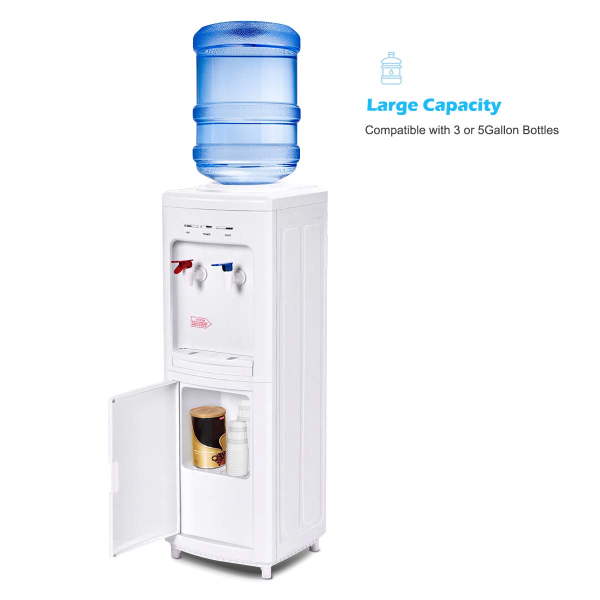 Water Cooler Dispenser for 3-5 Gallon Bottle, Top Loading Hot and Cold Water Dispenser with Storage Cabinet