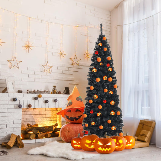 6FT Snow Flocked Pencil Slim Christmas Tree Artificial Hinged Xmas Tree with Metal Stand