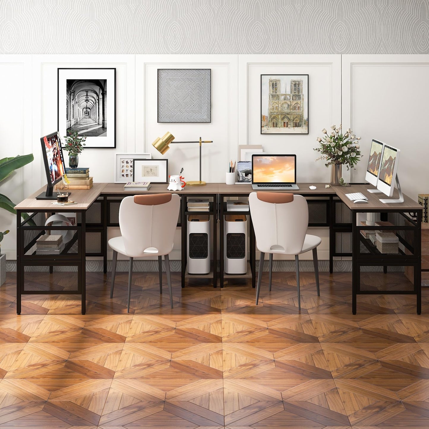 L Shaped Desk with Charging Station 55” Reversible Corner Computer Desk with Mesh Storage Shelves