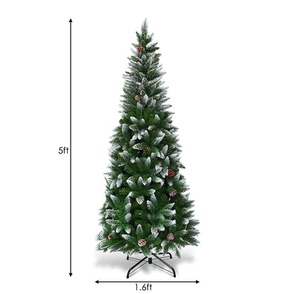 5FT Artificial Snow Flocked Pencil Christmas Tree Slim X-mas Tree with 421 Branch Tips