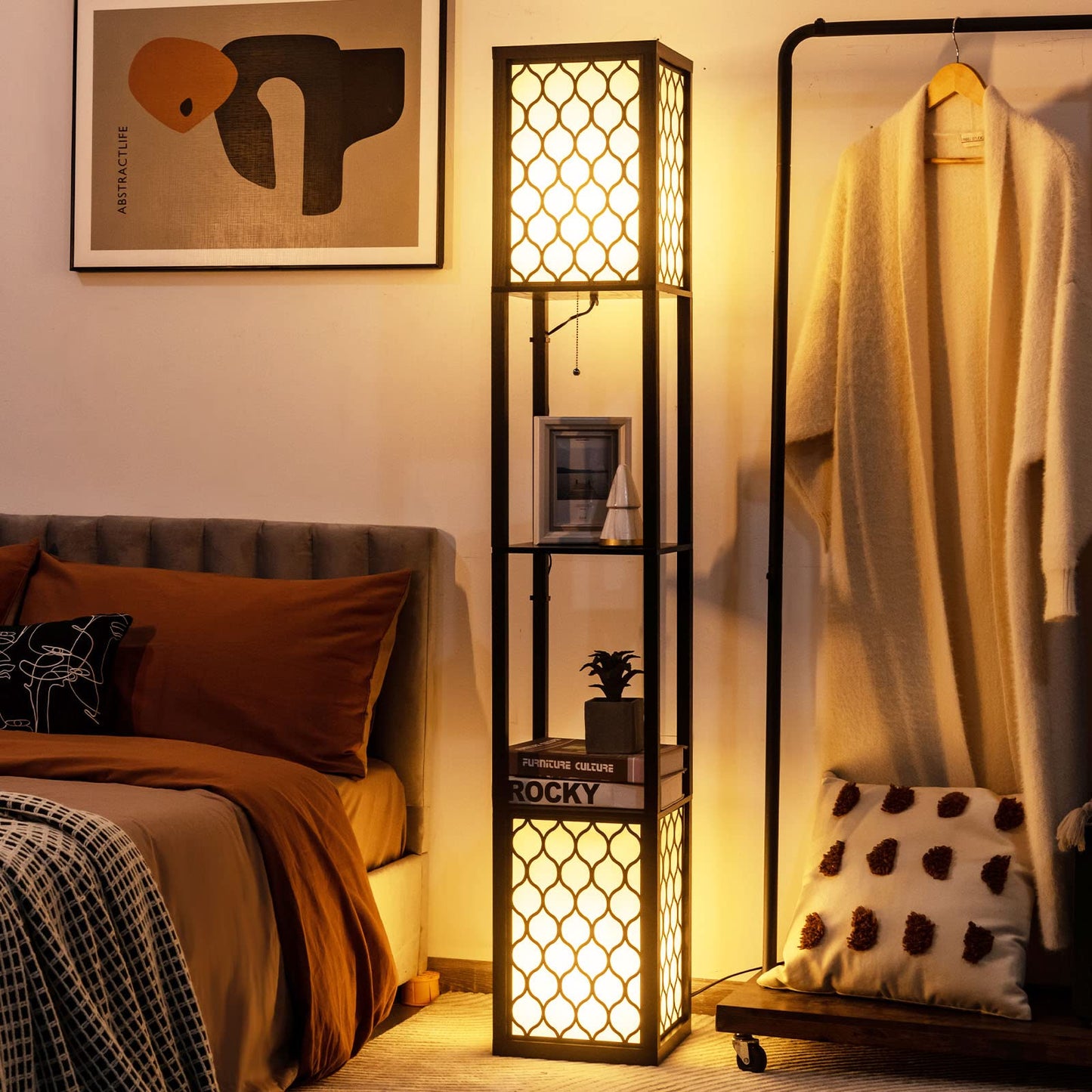 Modern Shelf Floor Lamp, Freestanding Double Lamp w/ 2-Tier Wood Shelf & White Lampshade