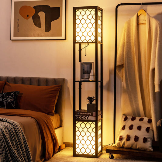 Modern Shelf Floor Lamp, Freestanding Double Lamp w/ 2-Tier Wood Shelf & White Lampshade