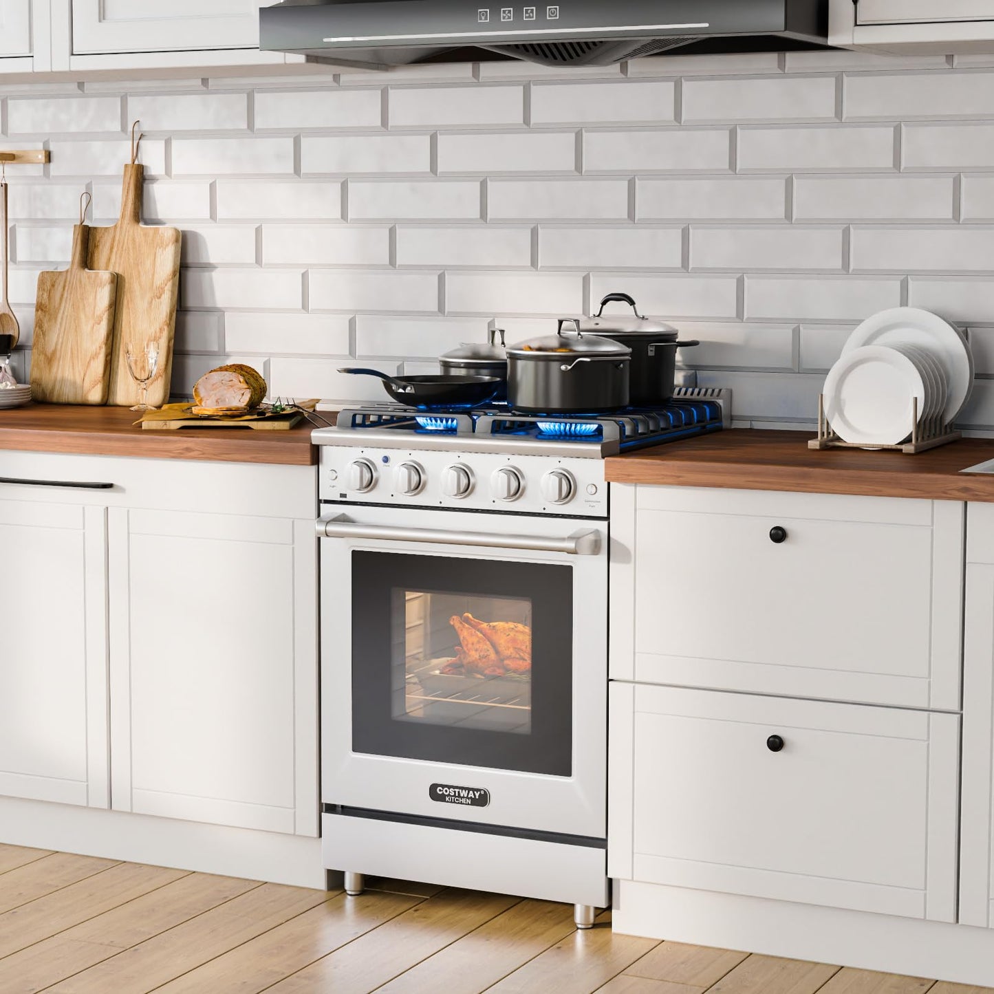 24 Inches Natural Gas Range, with 4 Burners Cooktop & 3.73 Cu.Ft. Convection Oven, Storage Drawer