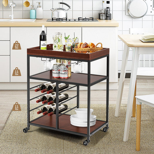 Kitchen Rolling Island Cart with 9-Bottle Wine Racks & Glass Holders