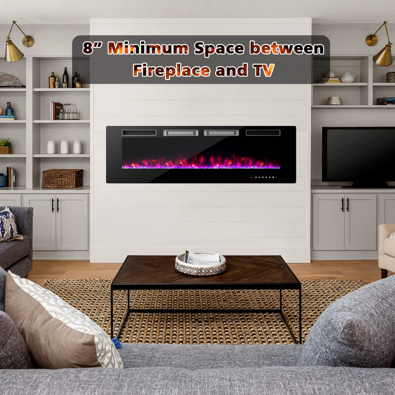 60-Inch Wide Electric Fireplace, 3.19-Inch Deep Ultra-Thin Wall-Mounted and Recessed Fireplace Heater