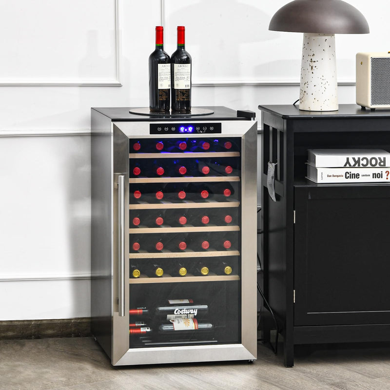 20 Inch Wine Cooler, 33 Bottles Wine Refrigerator with 2-Layer Tempered Glass Door & Dual Alarm Function