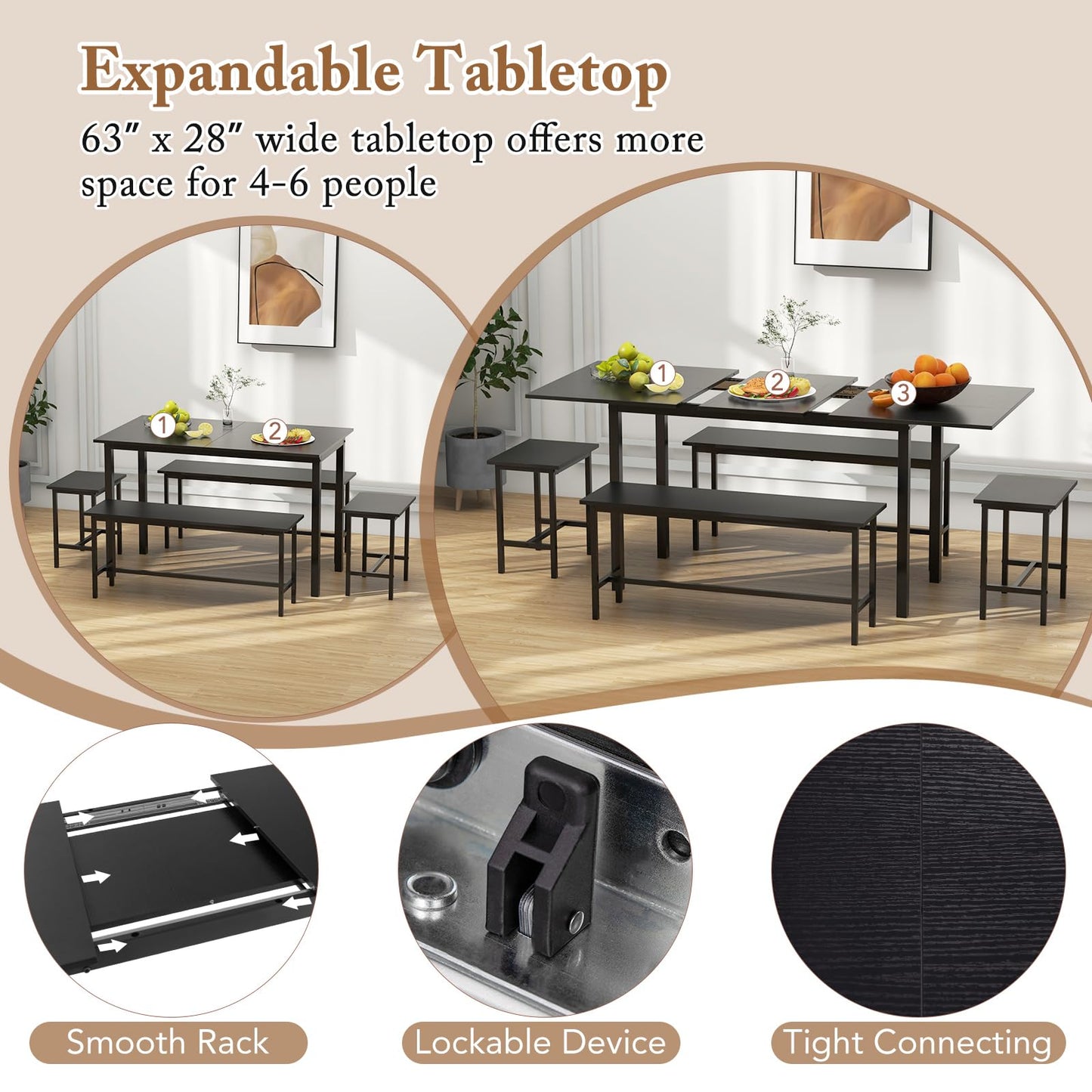 Extendable Dining Table Set for 4-6 with 2 Benches and 2 Square Stools