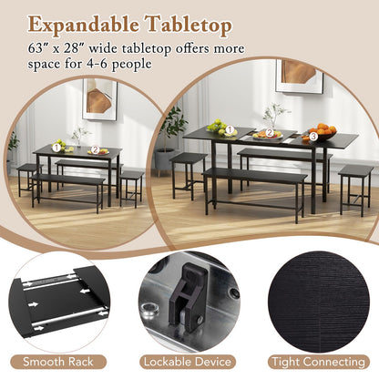 Extendable Dining Table Set for 4-6 with 2 Benches and 2 Square Stools