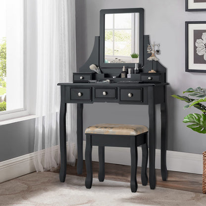 Vanity Desk and Cushioned Stool Set with 5 Storage Drawers