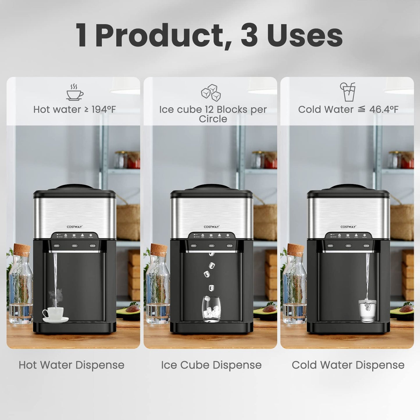 3 in 1 Portable Hot Cold Dispenser with 48LBS/24H Ice Machine