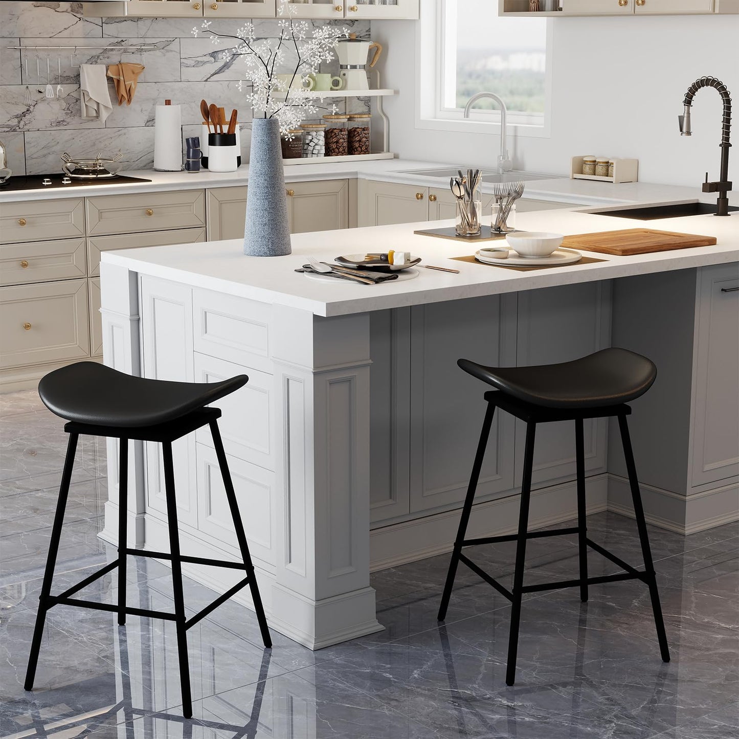 Faux Leather Backless Bar Stools with Padded Saddle Seat and Footrest